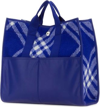 Burberry Mens Embroidered Wool & Leather Tote Blue