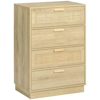 HOMCOM C&oacute;moda De Rat&aacute;n Estilo Bohemio Con 4 Cajones, Mueble De Almacenamiento Para Sala De Estar, Pasillo O Recibidor, Madera Natural