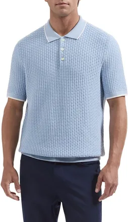 Bugatchi Basket Stitch Cotton Blend Polo Sweater in Hazy Blue at Nordstrom, Size Xx-Large