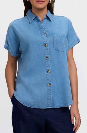 Foxcroft Abigail Short Sleeve Denim Button-Up Shirt in Bleach Wash Blue at Nordstrom, Size X-Large