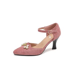 Generic Womens Pointed Toe Pumps Suede Ankle Strap Pearl Flower Accent Kitten Heel Cushioned Insole Anti-Slip Durable Sole Comfortable Fit,Pink,6.5 UK