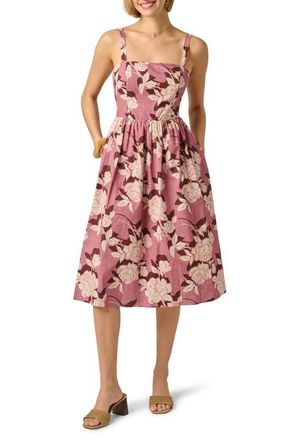 Adrianna Papell Floral Square Neck Fit & Flare Midi Dress in Blush/Ecru at Nordstrom, Size 12