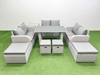 Fimous 10 Seater Patio Garden Furniture Sets with Side Table 4 Stools in Light Grey