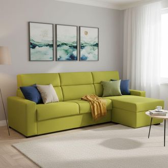 Dmora Sof&aacute; Cama Con Chaise Longue Celleno, Desenfundable, Con Almacenaje Made In Italy, Hidr&oacute;fugo, Multiposici&oacute;n, 280x160 Cm Verde