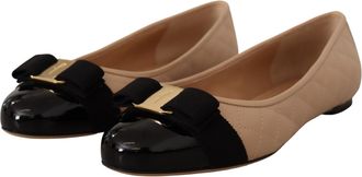 Ferragamo Womens Beige And Black Nappa Leather Ballet Flat Shoes