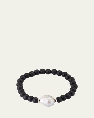 Jan Leslie Mens Black Onyx Beaded Bracelet with Pearl Center