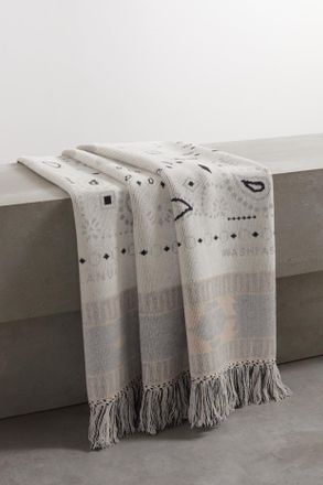 Alanui Coperta In Misto Cashmere Jacquard Con Frange Bandana - Bianco