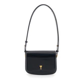 Ami Paris Black Shoulder Bag with Adjustable Strap and ADC Plate on Front in Leather for Women Calf