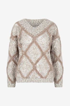 Brunello Cucinelli Boxy-Lochstrickpullover aus Alpaka mit Rautenmotiv Sparkling