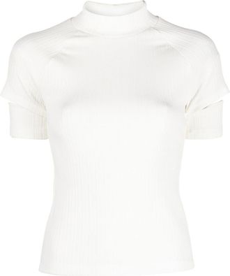 Helmut Lang ribbed cut-out sleeve top - women - Polyester/Elastane - L - White