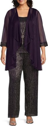 R & M Richards 3-Piece Metallic Evening Pants Set In Plum