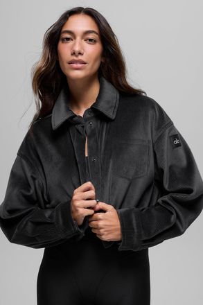 Alo | Ribbed Velour Cropped Mountain Side Jacket in Black, Size: Medium