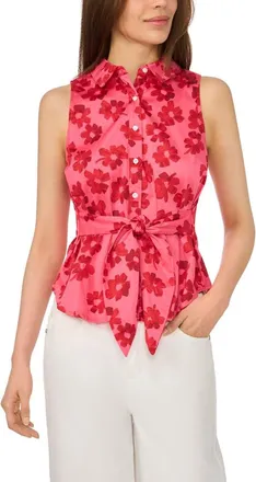 CeCe by Cynthia Steffe Floral Tie Waist Sleeveless Stretch Cotton Button-Up Shirt in Classic Cherry at Nordstrom, Size X-Large