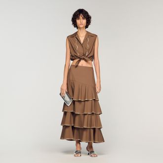 Sandro Long ruffled rhinestone skirt