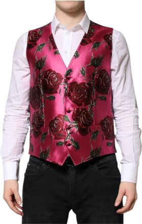 Dolce & Gabbana Kostuums, Heren, Roze, L, Satijn, Roze Bloemen Satijnen Formeel Heren Vest