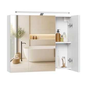 Vasagle Armario de ba&ntilde;o pared 3 puertas espejo luz estantes ajustables blanco