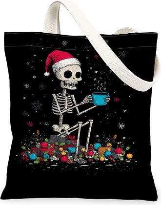 Generic Christmas Skeleton Canvas Tote Bags, Fun Skeleton Design Reusable Grocery Bags, Lightweight Washable Shoulder Strap for Tra, Black, 13x15 Inch
