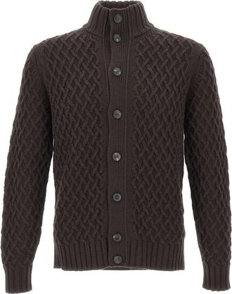 FILIPPO DE LAURENTIIS Kabelgebreide Cardigan - Heren - Vesten - Bruin - 3XL - Wol - Truien & Vesten