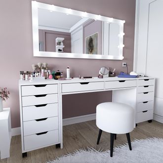 Dmora Toiletta Lagunare, Mueble De Tocador Con Espejo, 12 Cajones, Luces Incluidas, 200x55x77h Cm Blanco
