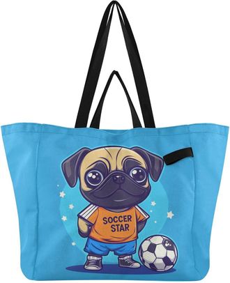 Generic Soccer Pug Blue pattern Reusable Canvas Tote Bag, Heavy Duty Grocery Shopping Bag with Hard Bottom Large Capacity Double Handles Work Groceries Travel