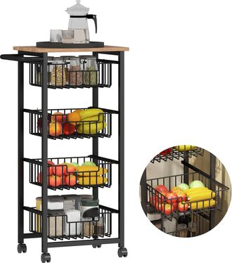 HOMCOM Homcom Carrito De Cocina Carrito Verdulero Para Cocina Con 4 Cestas Deslizables Y Marco De Acero Para Comedor 49,5x31x91 Cm Roble