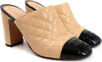 Chanel Beige Quilted Black Patent Cap-toe Mules Size 41