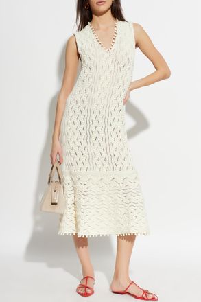 Jil Sander Dress With Decorative Knit And V-neckline, Womens, Cream