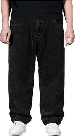 Generic Jeans for Men UK Baggy Jean Straight Wide Leg Denim Pants Smart Casual Loose Fit Bottoms Plain Colour Trousers with Pockets Outside Hiking Walking Tro