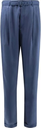 Saint Laurent Broeken, Heren, Blauw, L, Leer, Pantalons met ceintuur in zijde Habotai
