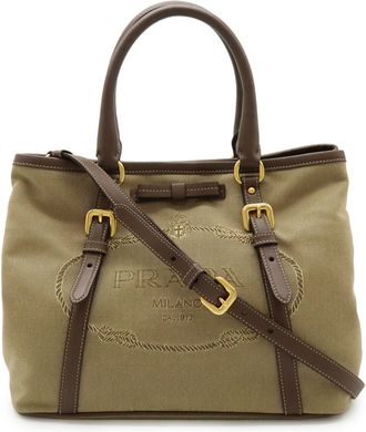 Prada Beige Brown Khaki Canvas Leather Handbag Shoulder Bag Tote Bag (Pre-Owned)