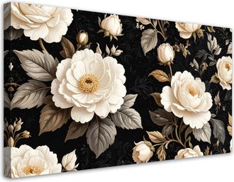 Feeby Cuadro Sobre Lienzo, Rosas Blancas Sobre Fondo Negro Elegante Decoraci&oacute;n Floral De Pared En Estilo Glamour, 120x60