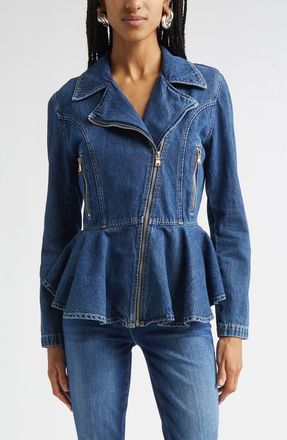 L'agence Moxie Denim Peplum Biker Jacket in Norton at Nordstrom, Size Xx-Large