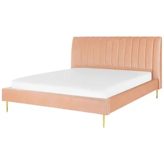 Beliani Beliani - Cama Con Somier De Terciopelo Rosa Melocot&oacute;n 180 X 200 Cm Reposacabezas Alto Vintage