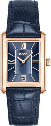 BOSS Principle Dress Leather Strap Watch, 28mm x 7.8mm in Blue at Nordstrom