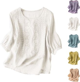 Generic Ladies Summer Linen Boho Tops for Women UK Sales Plus Size Vintage Embroidered Button Short Sleeve Bohemian T Shirts New Loose Casual Crew Neck Solid 