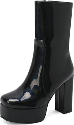 Generic Womens Patent Leather Chunky Heel Ankle Boots Square Toe Platform Booties Fashion Style for Party,Black,7.5 UK