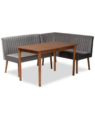 Baxton Studio Alvis Mid-Century Modern Velvet Upholstered 3Pc Dining Nook Set