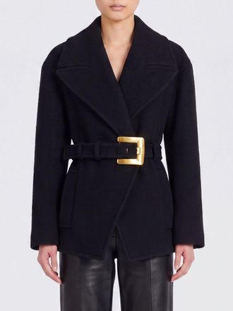 Balmain Belted Short Wool Caban Coat with Lapel Collar