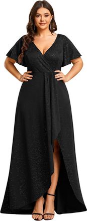 Ever-pretty Plus Size Evening Dress Asymmetric Hem V Neck High Elasticity Black
