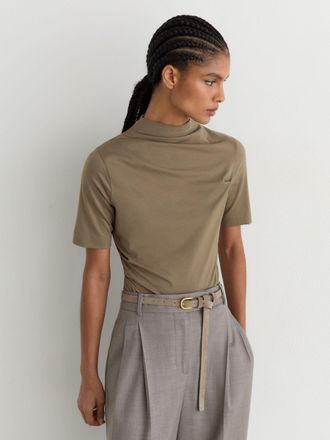 Reiss Taupe Neutral Cotton-blend High-neck Draped Top, XL