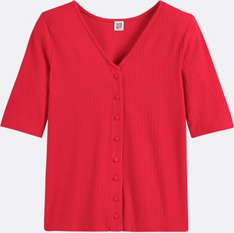 La Redoute Collections T-shirt met V-hals en knoopsluiting, korte mouwen