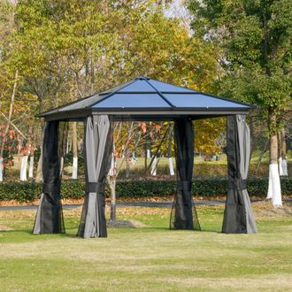OUTSUNNY Hardtop Gazebo Canopy with Mosquito Netting & Curtains in Grey