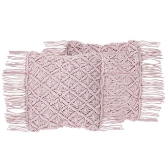 Beliani Conjunto De Cojines Decorativos De Algod&oacute;n Rosa Macram&eacute; 40 X 40 Cm Cuerda Boho Retro Yaniklar