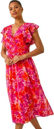 Roman Womens Floral Bias Midi Dress - Orange - Size 16 UK