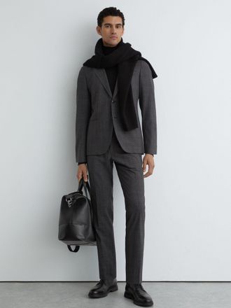 Reiss Charcoal Grey Wool-blend Check Suit Trousers Tailored-fit, 34