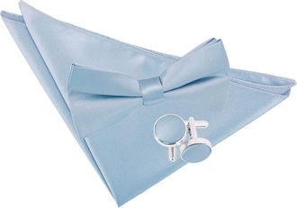 DQT Men Pre-Tied Plain Satin Wedding Bow Tie + Pocket Square & Cufflinks Set - Dusty Blue