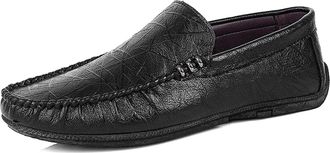 Generic Mens Loafers Shoe PU Embossed Round Toe Stitching Details Slip Resistant Flat Heel Flexible Comfortable Driving Party Slip-ons(Black,7.5 UK)