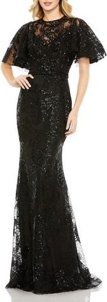 Mac Duggal Embellished Flutter Sleeve High Neck Gown in Black at Nordstrom, Size 14