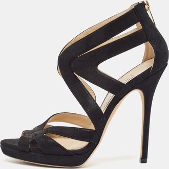 Jimmy Choo London Black Glitter Suede Collar Platform Sandals