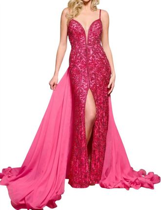 Rachel Allan Stretch Tulle Floor Length Gown In Fuchsia